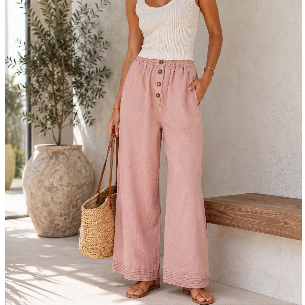 ZARA Casual Pants Women Size S Pale Pink Excellent Linen Blend Wide Leg Cropped